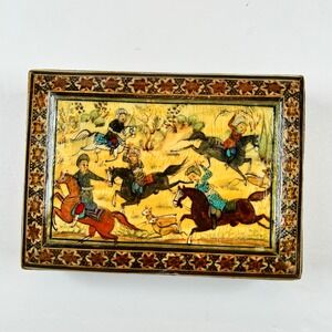 VTG Persian Miniature Painting Wood Trinket Box Lacquerware Hand Painted Horses